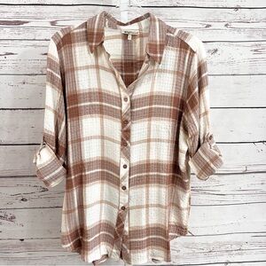 Hester & Orchard Brown Tan and Cream Plaid Button-Down Shirt Medium NWOT